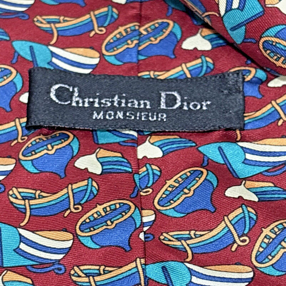 Vintage Christian Dior Monsieur Silk Neck Tie Red Blue Rowboats Luxury Designer - Picture 6 of 7